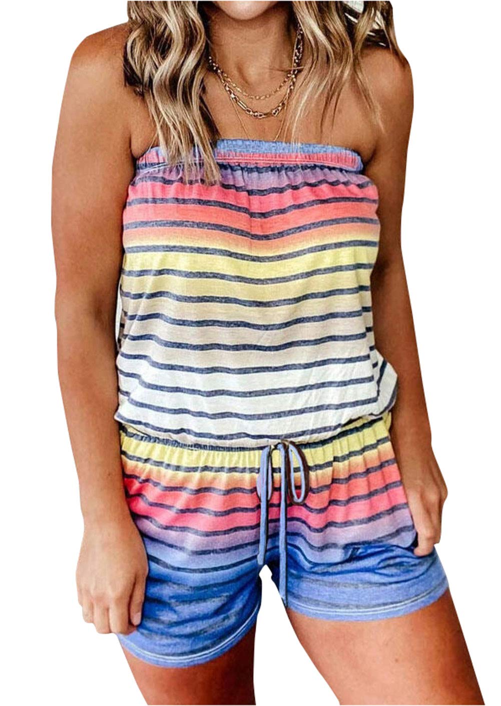Women Colorful Striped Splicing Gradient Color Drawstring Romper Summer Strapless Tube Top Casual Off Shoulder Short Jumpsuit