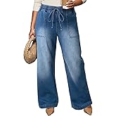 Eytino Womens Plus Size Jeans High Waisted Straight Leg Wide Leg Jean Trendy Stretchy Drawstring Denim Pants(1X-5X)