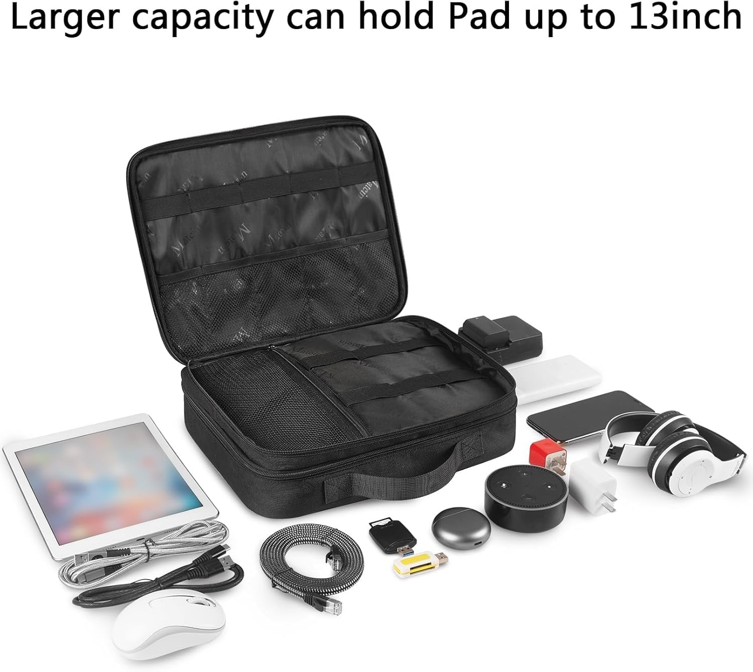 MATEIN Cable Organizer Bag, Large Travel Storage Bag Sturdy Tool Case with Handle for Phone Cord Electronics Accessories, Carrying Case for Tablet (Up to 12.9inch), Powerbank, Hard Drive, Black