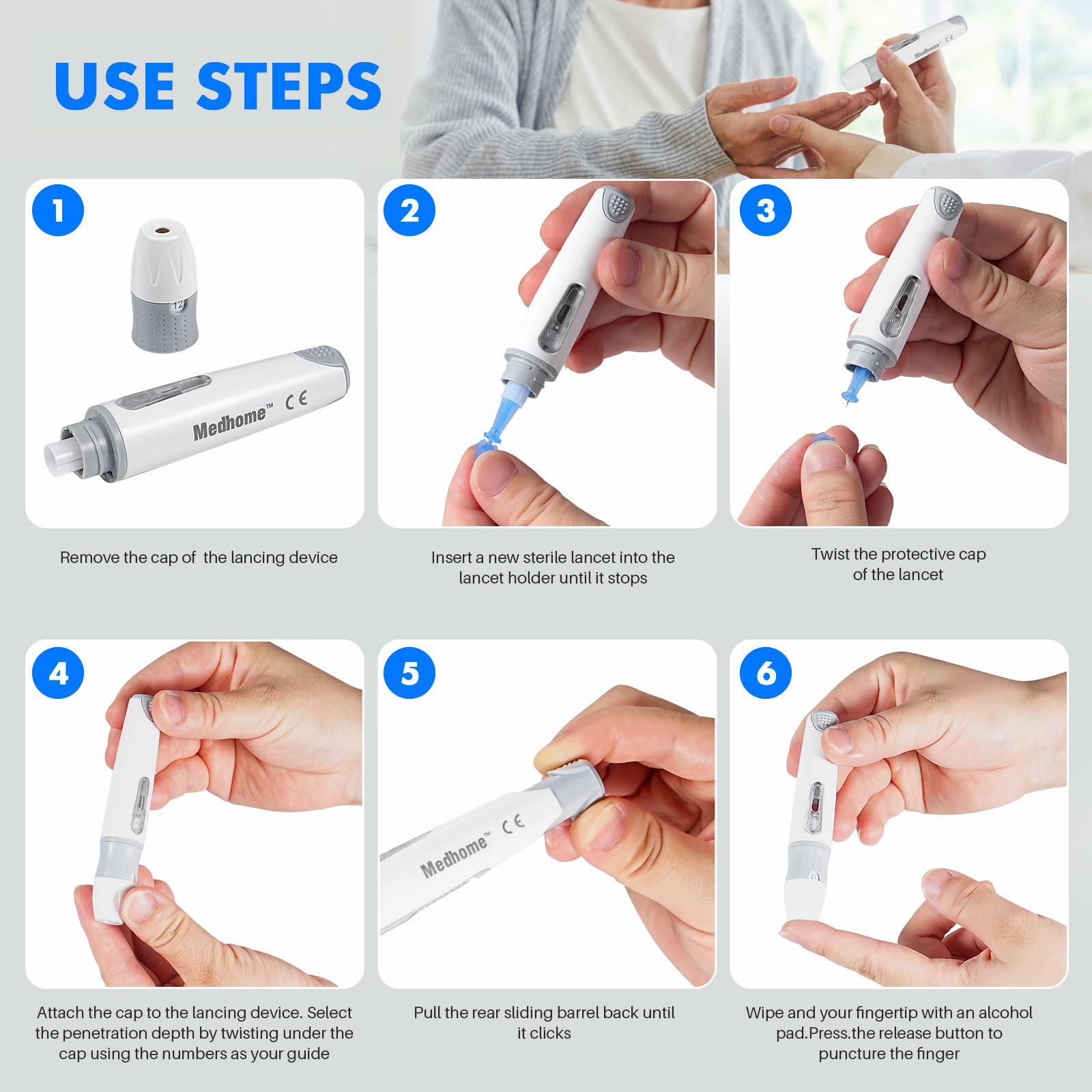 Medhome Lancing Device, with 12 Adjustable Depth Settings, Lancing Device for Diabetes Testing with Push Button Ejector,Minimizing Pain and Discomfort in Blood Glucose Testing - Lancet Device