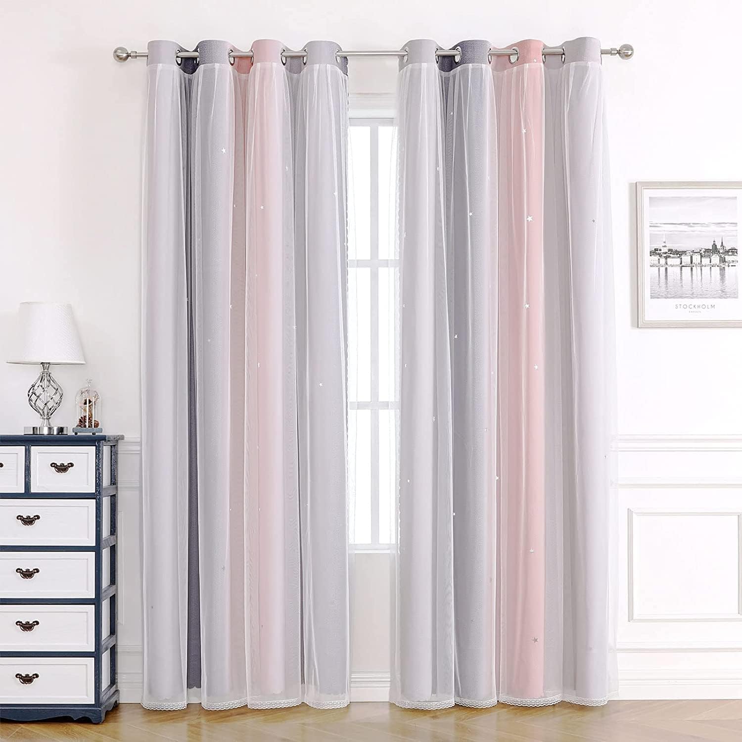 Blackout Curtains for Bedroom & Living Room, 2 Panel 46 x 54 inch Drop, Soundproof Thermal Black Out Curtains in Pink & Grey