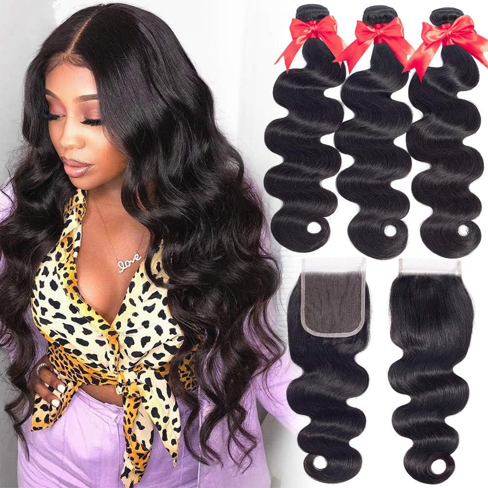 Hermosa Hair 9A Brazilian Human Hair Bundles with Closure 100% Unprocessed Brazilian Virgin Hair Bundles with Lace Closure Free Part 12 14 16+10"closure