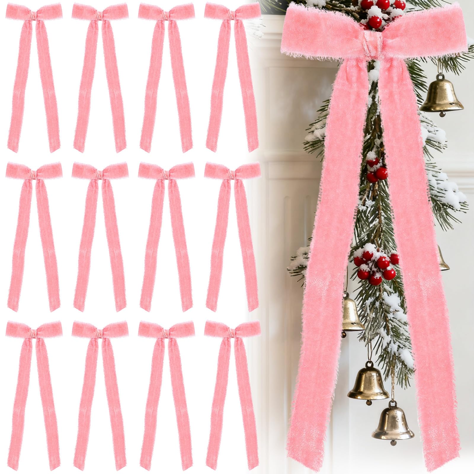 Photo 1 of Glitinsel 20 Pcs Dusty Pink Large Velvet Christmas Bows 4.7" x 11" Big Pre Tied Handmade Fringe Velvet Ribbon Bows 1" Wide Rustic Crafts Gift-Bows with Twist Tie for Gift Wrapping Christmas Decor