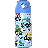Boys Monster Truck Insulated Water Bottle with Covered Pop-Up Straw,16 oz Kids Cups with Stainless Steel Leak Proof for School