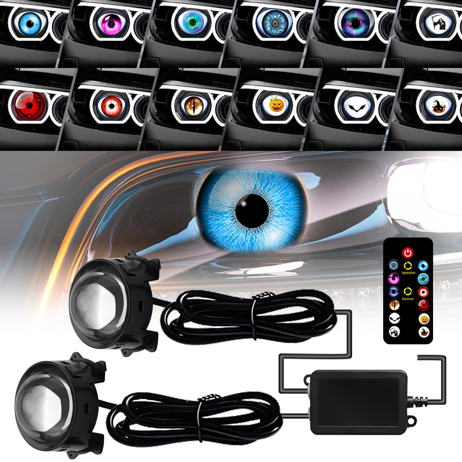 Photo 1 of **DAMAGED**spnanma Demon Eye Headlights for Cars and Motorcycles, 2PCS LED Dynamic Devil Eyes Light Kit with HD Lens, 12 Animated Eye Patterns, Universal 12-36V Eyeball Lights for Headlight or Fog Light