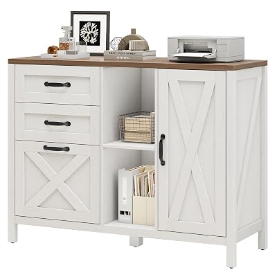 Halitaa 3 Drawer File Cabinet, Farmhouse Style Lateral Filing Cabinet Suitable for Letter or A4 Size Files, Wooden Home Office Storage with Adjustable Shelf and Printer Stand, White