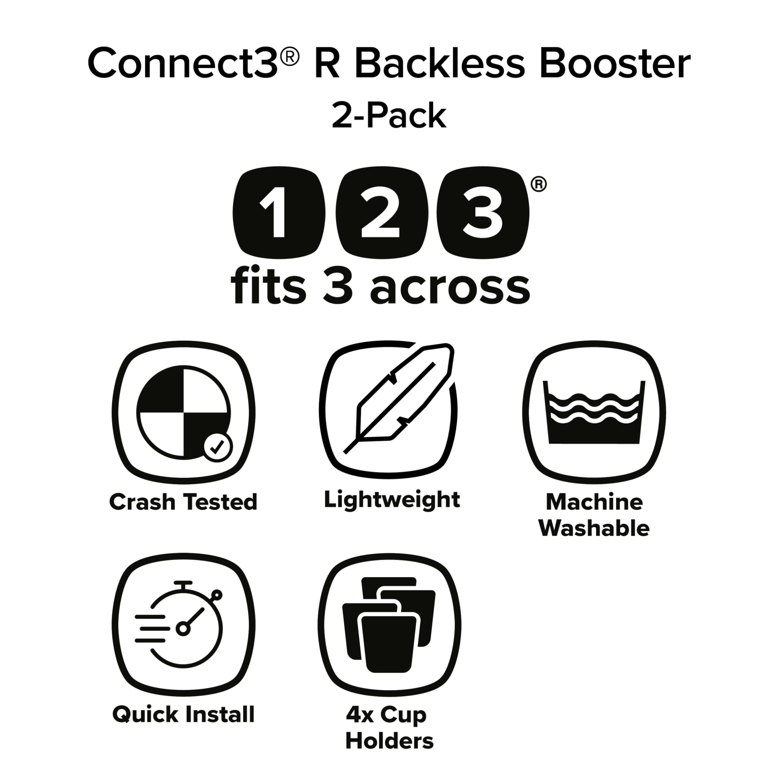 Diono Connect3 R Backless Booster Pack of 2, Slim Fit 3-Across in Many Mid-Sized Sedans and SUVs, for Children from 40-120 lbs., Lightweight with Cupholder, Black Storm