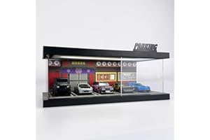 Bivitre 1/64 Model Car Display Case - Compatible with Hot Wheels Matchbox Mini GT Diecast Cars,Acrylic Box for Toy Cars Display Décor and Storage,Stackable Garage Diorama with LED Lights(1T-JPTheater)