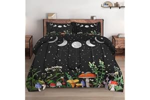 WeCozy 2 Pcs Comforter Set Twin Size with Pillowcase, Mushroom Plant Floral Bedding Set for Kids and Adults, Flower Summer Moon Night Soft Comforter Set for Bedroom Bed Decor