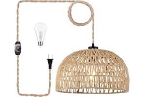 QIYIZM Plug In Pendant Light Hanging Lights With Plug In Cord Dimmable Rattan Hanging Lamp Wicker Woven Basket Lampshade Farmhouse Industrial Boho Plug In Ceiling Light Fixture For Living Room Kitchen