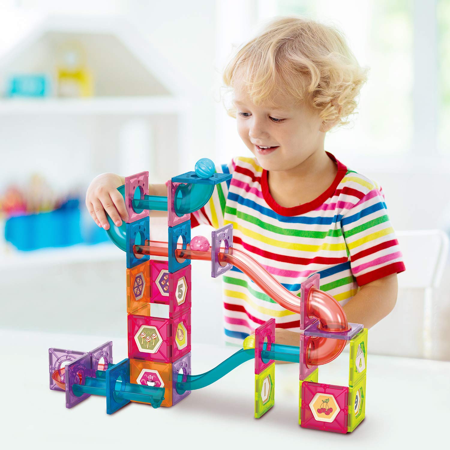 Marble Run for Kids Ages 3-8 Years Old - 3D Magnetic Building Tiles for Boys and Girls - Magnetic Marble Run Educational Toy Steam Learning Maze - Race Track Toy Construction Kit