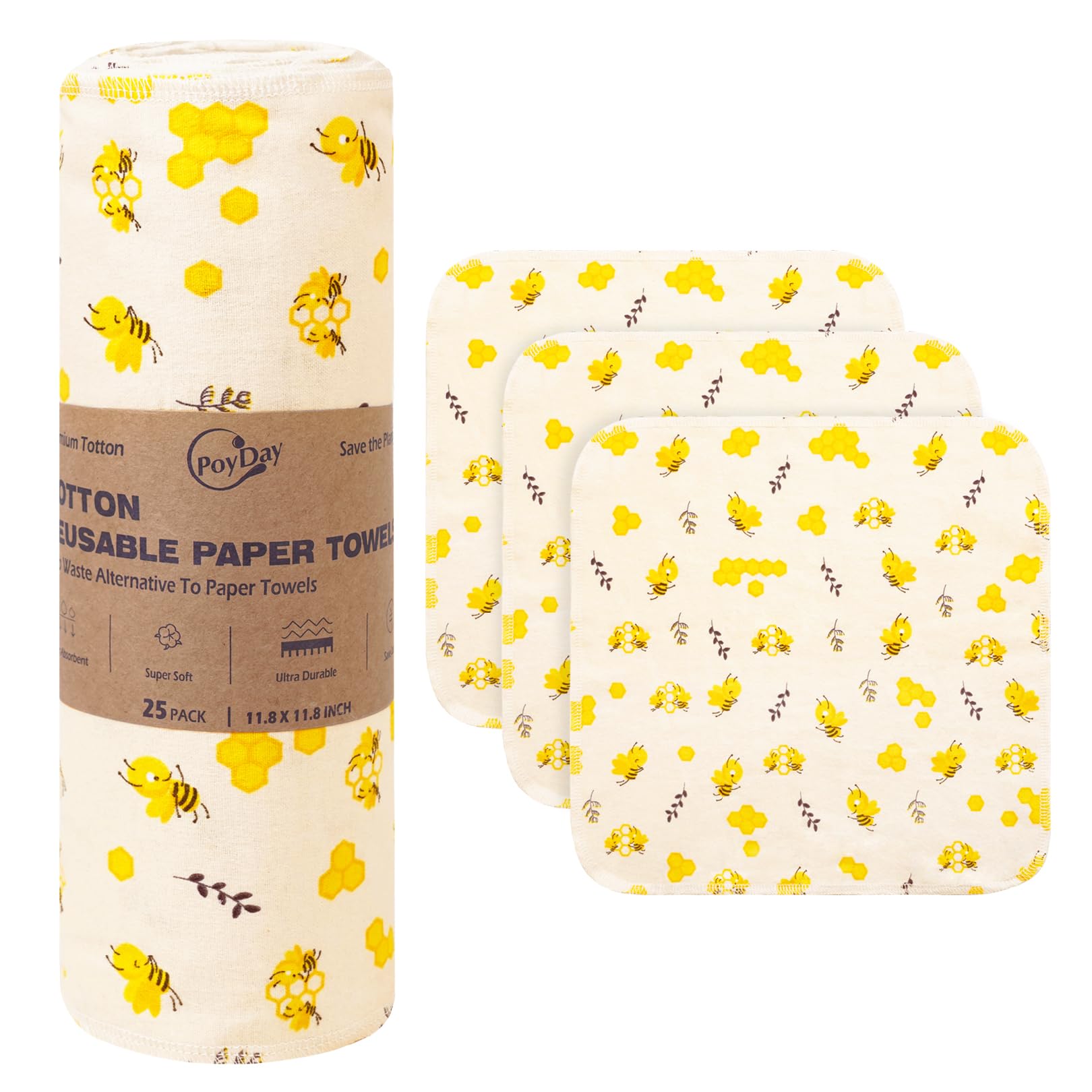 Photo 1 of Poyday Paper Towels Washable Roll: 25Pack Cotton Cloth Paper Towels 11.8x11.8In Absorbent Soft Flannel Paperless Towels Alternative for Kitchen Reusable Napkins Zero Waste (Bee, Large)