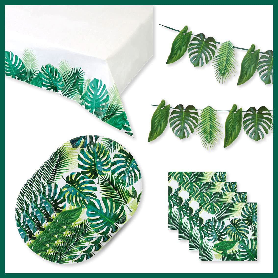 Talking Tables Tropical Party Tableware Set and Hawaiian Decorations for 16 Guests | Green Garland, Palm Tablecloth, Plates and Napkins | Perfect for Kids Birthday Theme, Summer Luau