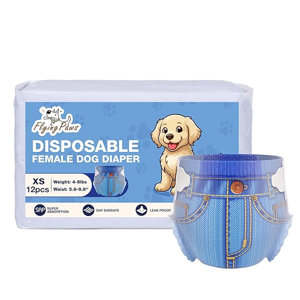 FLYING PAWS DOG DIAPERS FEMALE, DISPOSABLE DOG DIAPERS SMALL JEANS PATTERN DOGGIE PUPPY DIAPERS FEMALE CATS, X-SMALL, 12 COUNT