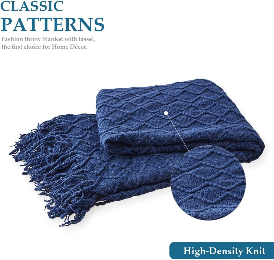 SunStyle Home Throw Blanket for Couch Sofa, Decorative Knitted Blanket(50x60inch) with Tassels, Soft Lightweight Cozy Woven Blanket for Women, Men and Adults, Suitable for All Seasons, Navy: Kitchen & Dining