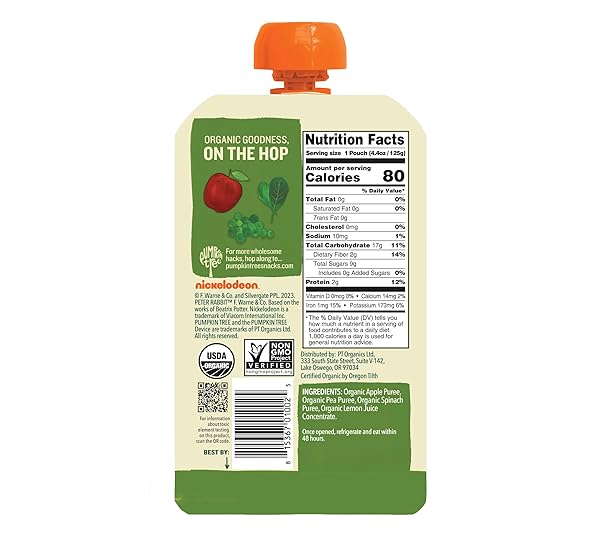 PUMPKIN TREE PETER RABBIT ORGANICS, PEA, SPINACH AND APPLE PUREE, 4.4-OUNCE POUCHES (PACK OF 10)