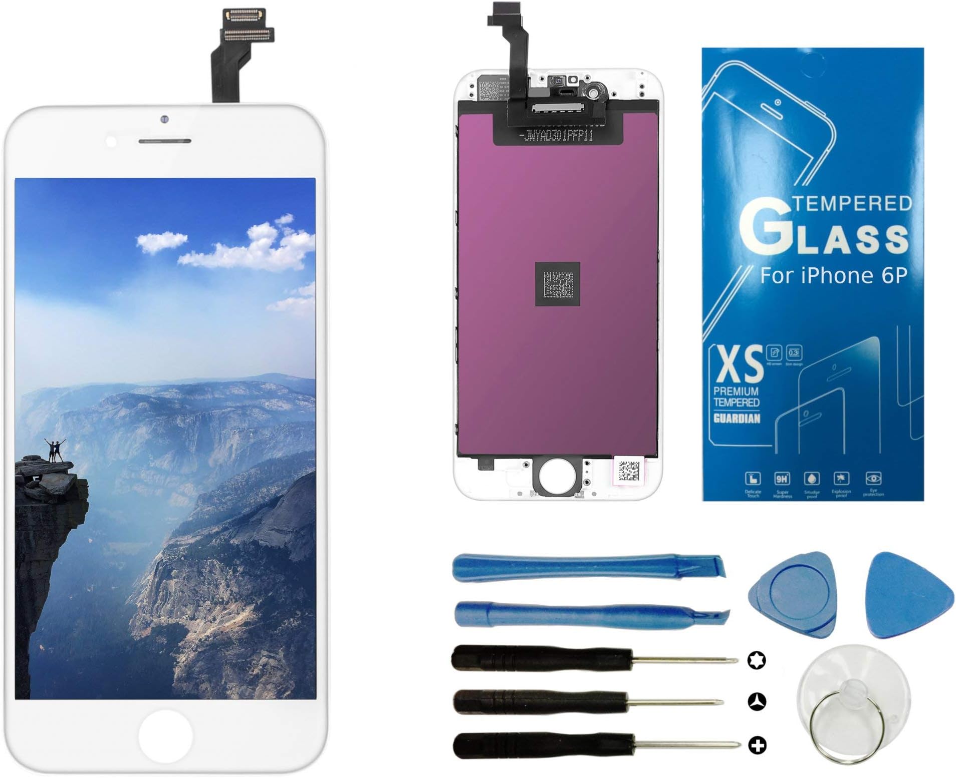 LCD Digitizer Replacement Kit for iPhone 6 Plus White, Comes with Tempered Glass Screen Protector and Free Tool Kits