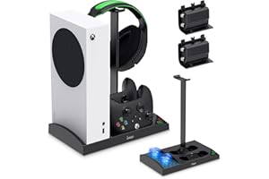 AUARTE Upgraded Cooling Fan Stand for Xbox Series S Console,Wireless Controller Dual Charging Station Dock with 2 x 1400mAh Rechargeable Batteries Packs,Headset Holder for Xbox Series S,Black