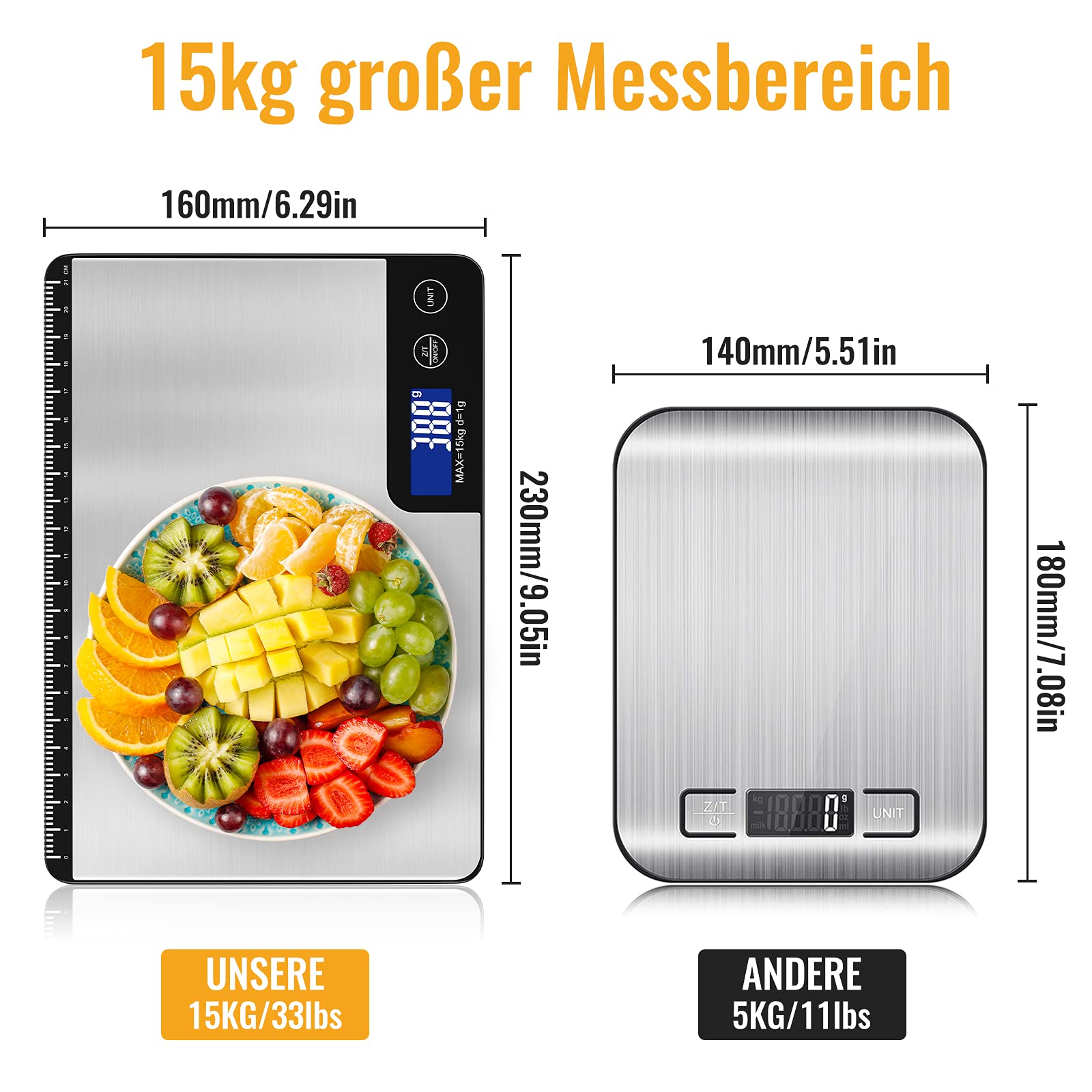 15kg Digitale Küchenwaage mit Lineal, Diyife Professionelle Digital Electronische Waage, Haushaltswaage aus Edelstahl, LCD-Anzeige, aufhängbar, 6 Einheiten, Tara-Funktion, mit Batterien 3
