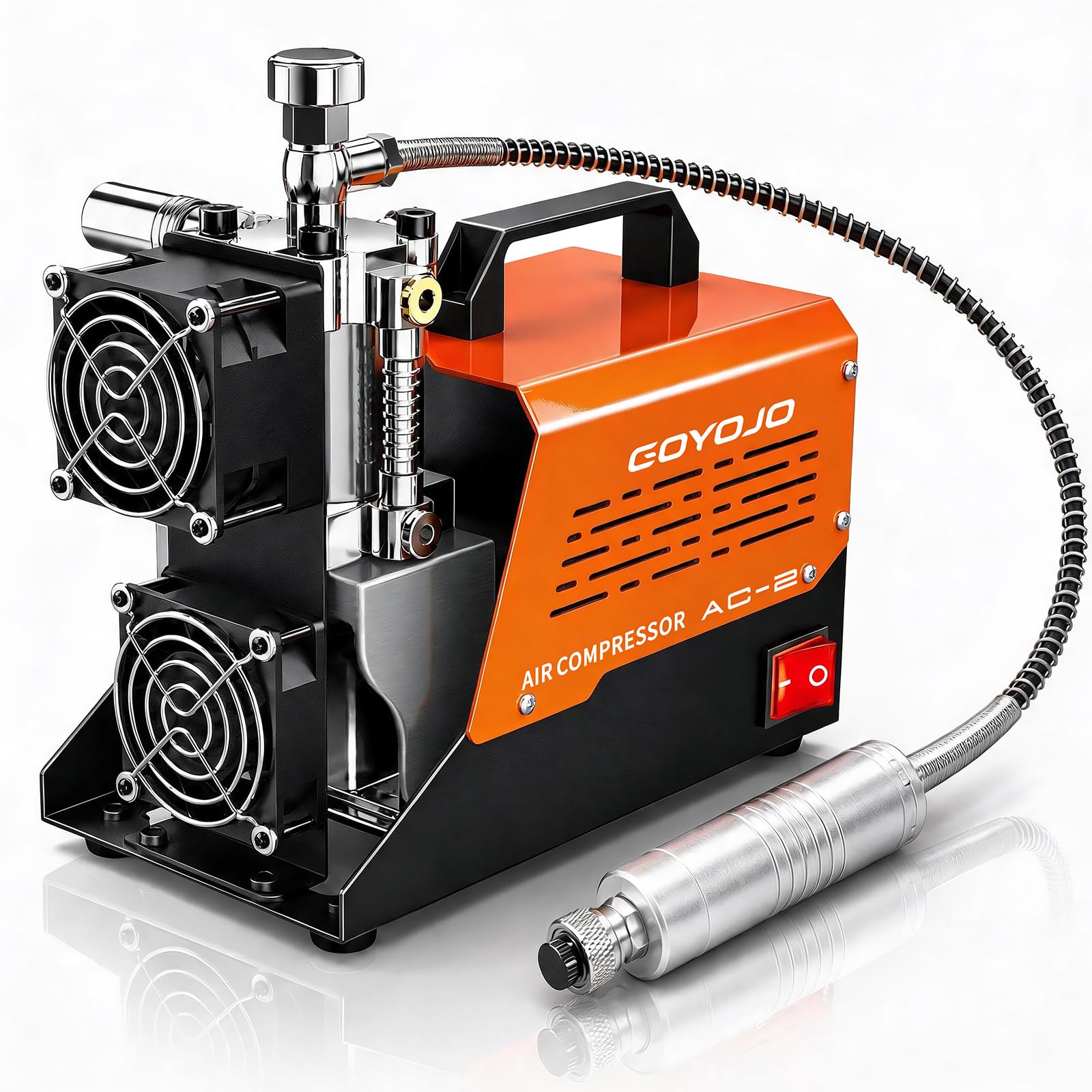Compresor de aire GOYOJO AC-2 PCP, bomba de aire portátil sin aceite de 4500 PSI/30 MPa, tiempo de funcionamiento continuo de hasta 45 minutos, convertidor de 12 V CC y 110 V/220 V CA, para pistolas de aire PCP y tanques de paintball HPA
