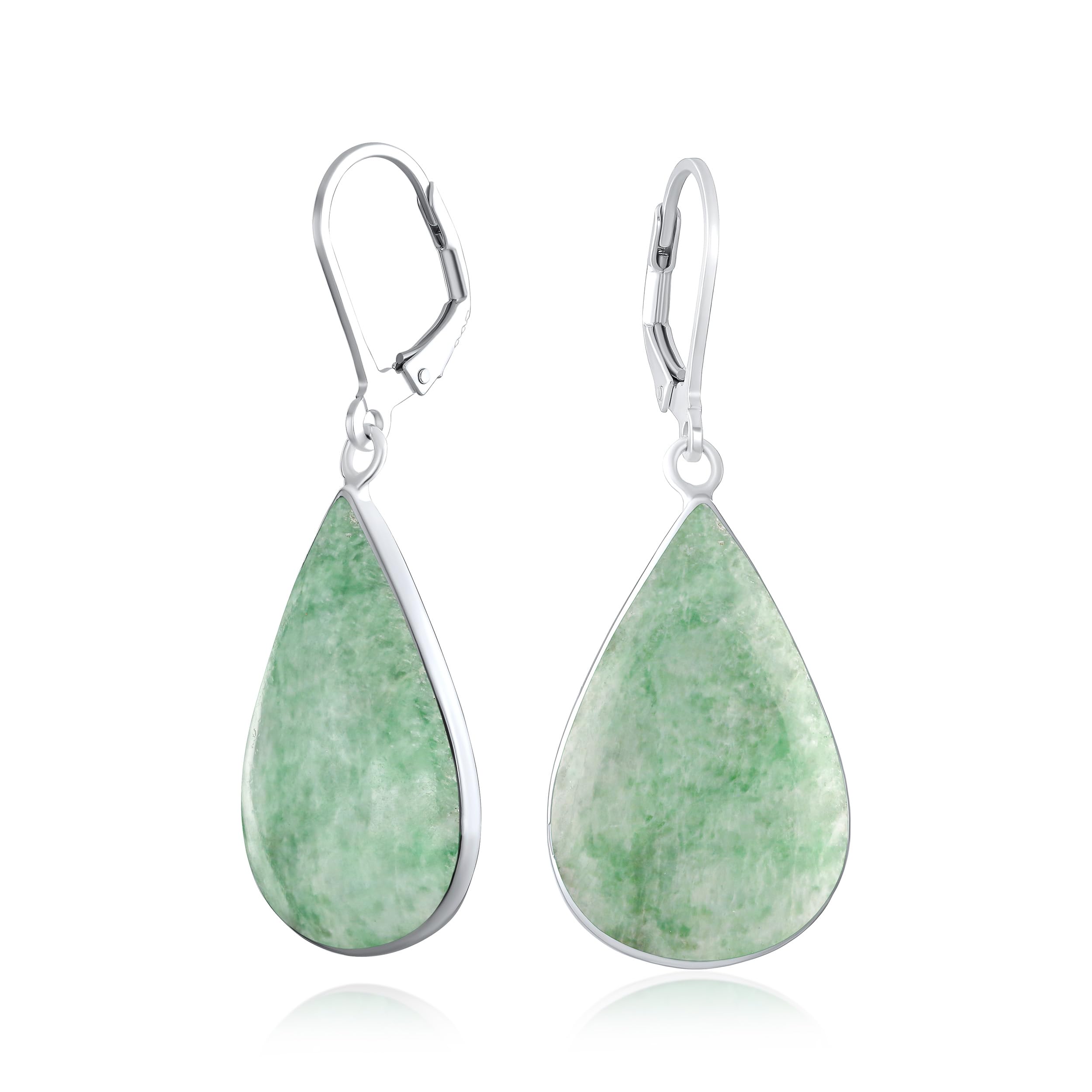 Large Flat Pear Shaped Polished Green Agate Simulated Jade Teardrop Dangle Lever back Earrings For Women Teen .925 Sterling Silver