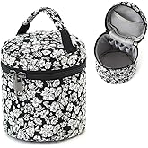 BBORGDC Small Makeup Bag, Cylinder Cosmetic Pouch with Handle, Black White Floral Jacquard, Portable for Purse, Boho Gift for Women