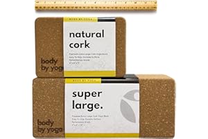 BODY BY YOGA Premium Cork Yoga Blocks - Extra Large Yoga Block 2-Pack or Extra Tall 1-Pack for Inflexible Yogis | Natural, High-Density Cork for Superior Support & Stability | Optional Yoga Strap & Gift Box