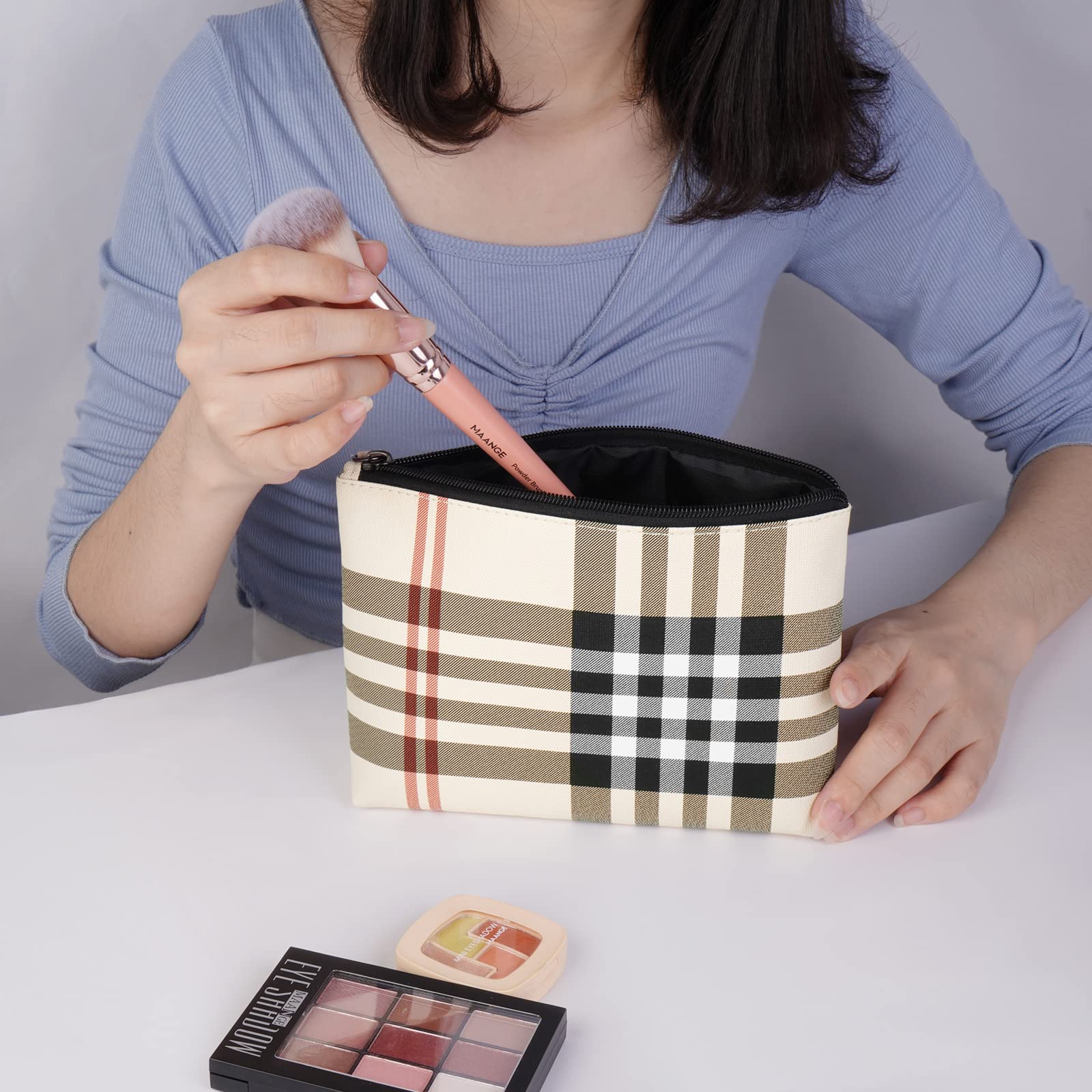 MAANGE Small Makeup Bag for Purse Cosmetic Bags for Women Pu Leather Makeup Pouch Travel Makeup Bag with Handle Make Up Bag for Travelling(Khaki)