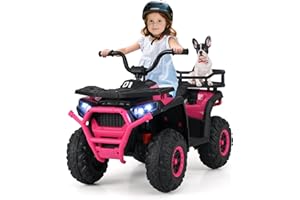 OLAKIDS 24V 4x4 Ride on Car, Kids ATV Quad with Bluetooth Music, LED Lights, Power Display, Rear Storage Rack, Spring Suspension, Electric 4 Wheeler for Kids Boys Girls Aged 3+ Years (Pink)