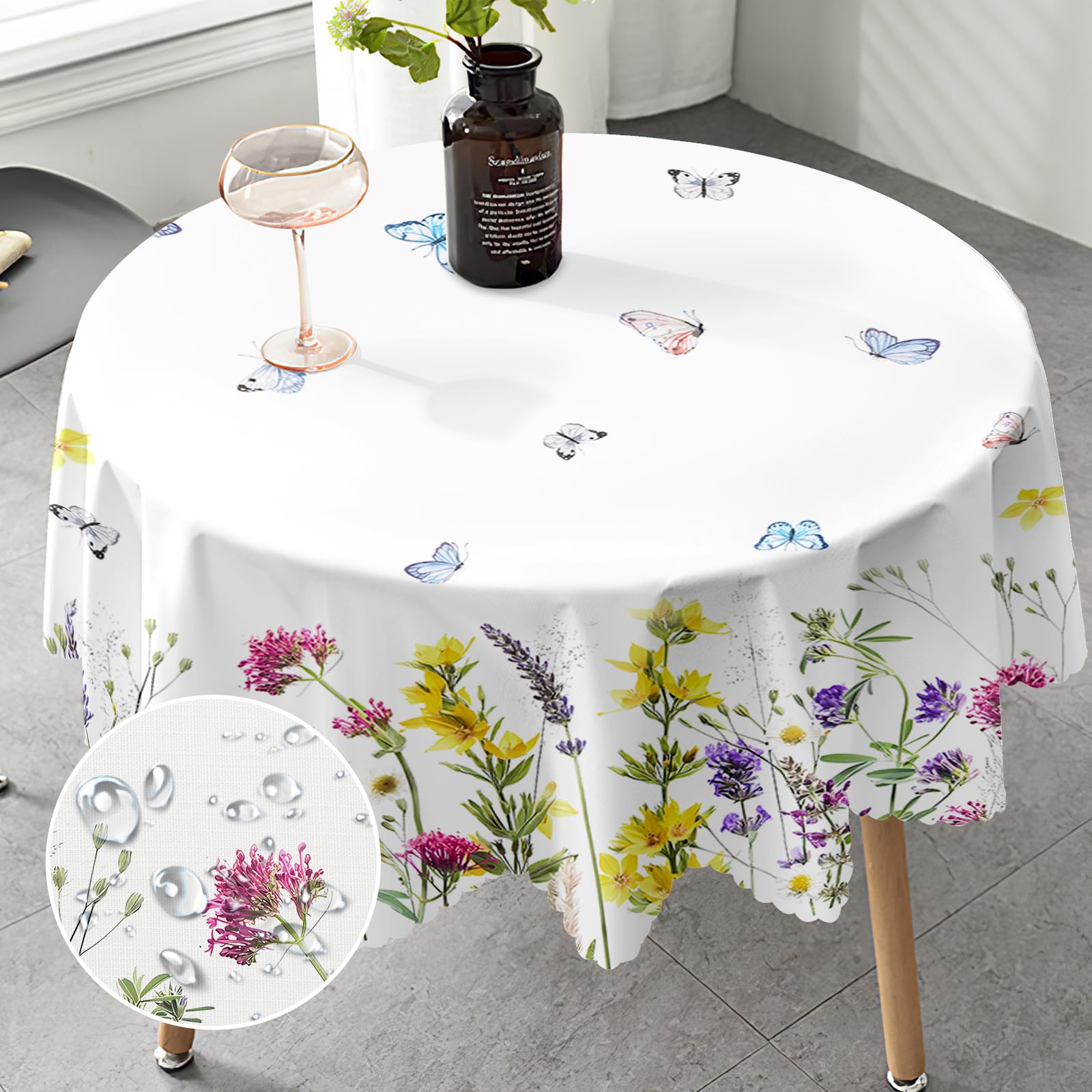 iEvery Floral Lavender Round Tablecloth 150cm, Wipe Clean Polyester Table Cloth Waterproof Wipeable Circular Table Cover for Kitchen Dinning Garden Party Picnic Patio Outdoor