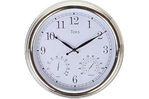 Lily's Home 3-in-1 Hanging Wall Clock with Thermometer and Hygrometer for Temperature and Humidity, Ideal for Indoor or Outdoor Use, Battery-Powered with Quartz Movement, Chrome (15" Diameter)