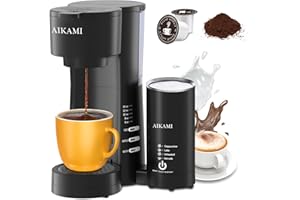 AIKAMI Single Serve Coffee Maker for K Cup & Ground Coffee with Milk Frother, 6 to 14 Oz Brew Sizes, Auto-Off Coffee Machine with Water Reservoir