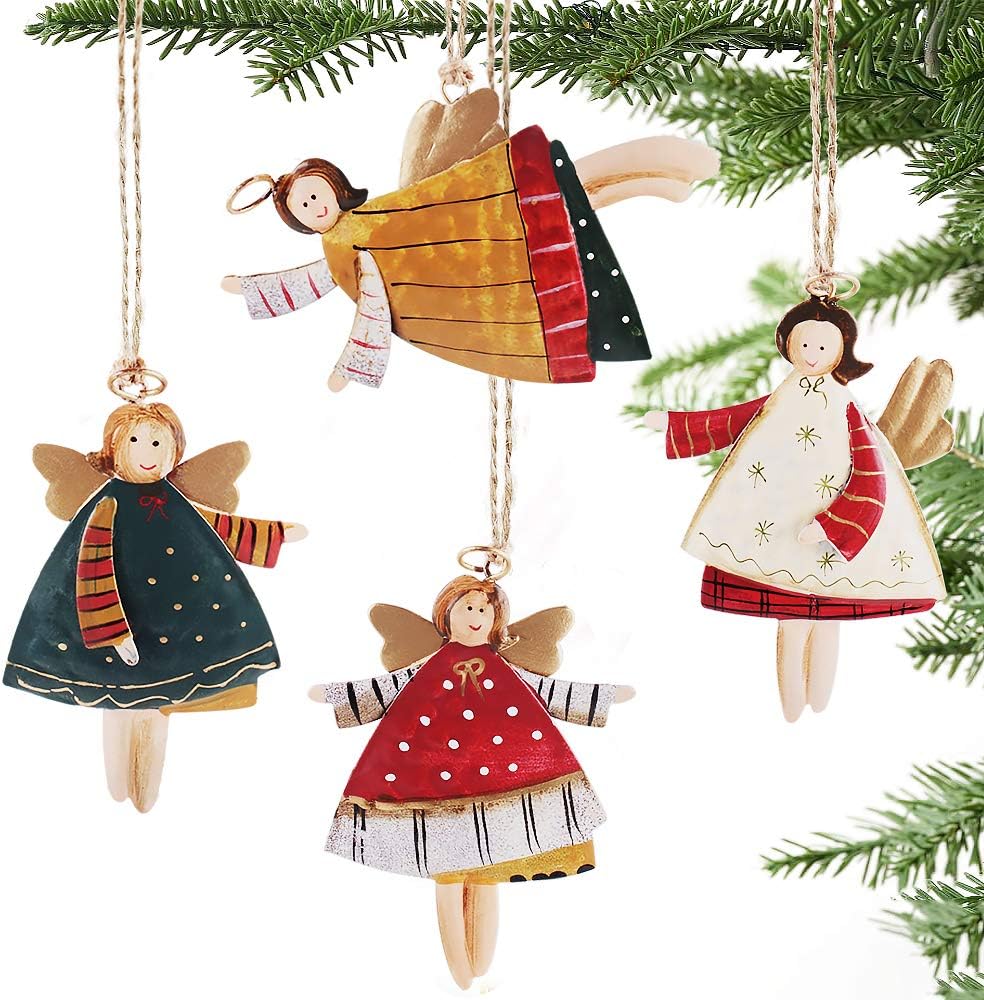 Partybus Christmas Tree Ornaments 12 Pack, Small Handmade Angel with Burlap Hanging String for Outdoor Holiday Home Decorations, Bulk Farmhouse Country Rustic Gift Name Tags