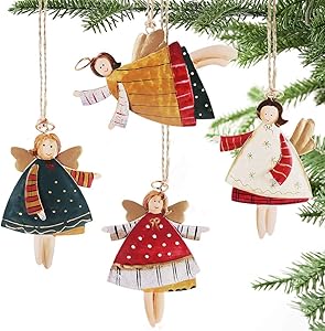 Partybus Christmas Tree Ornaments 12 Pack, Small Handmade Angel with Burlap Hanging String for Outdoor Holiday Home Decorations, Bulk Farmhouse Country Rustic Gift Name Tags
