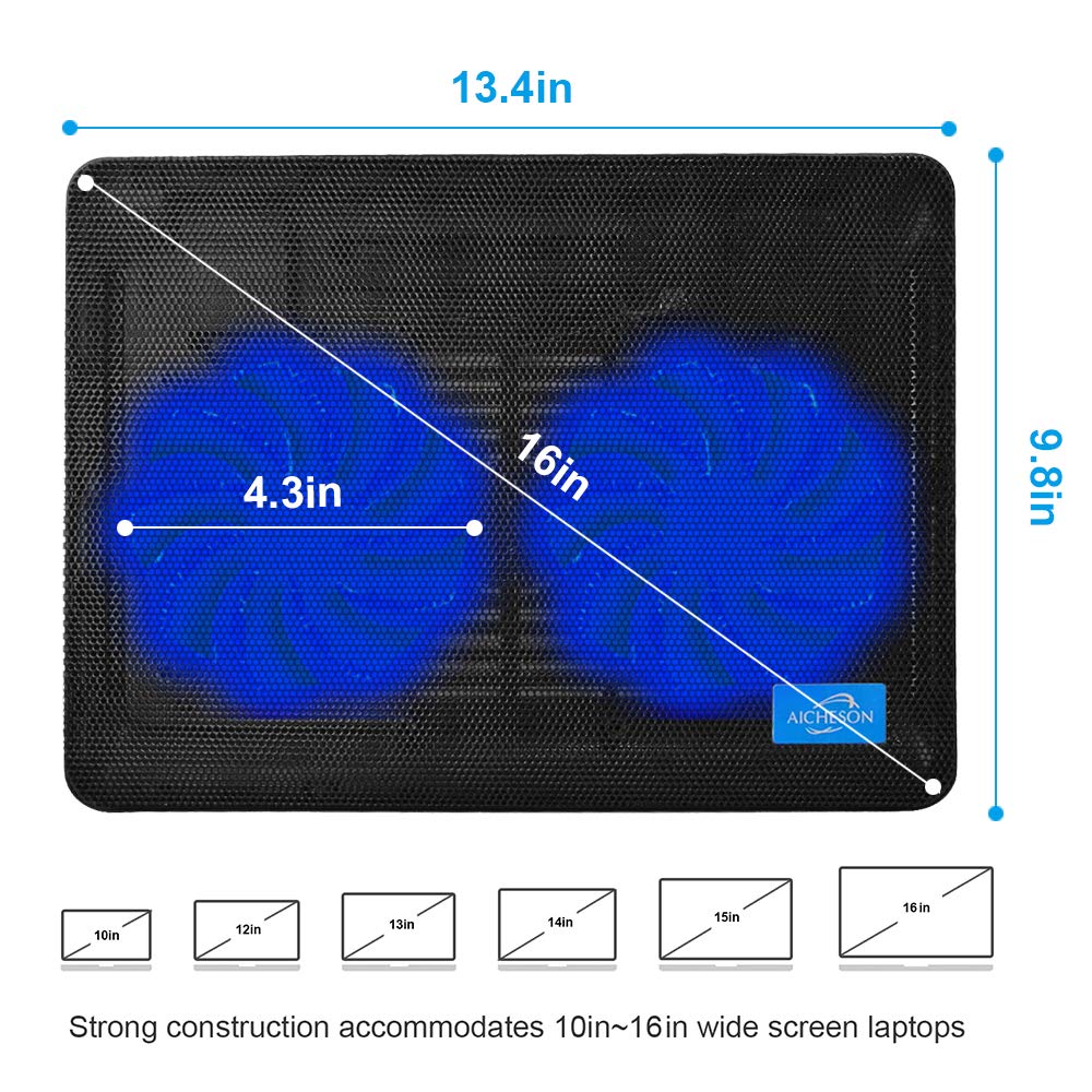 Laptop Cooler, Aicheson Ultra Slim Laptop Cooling Pad Chill Mat with 2 Heavy Duty Quiet Fans USB Powered with LED Lights