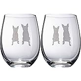 Set of 2 Boston Terrier Dog Stemless Wine Glasses - Boxwood, Boston Bull Terrier, American Gentleman Lover - for Him & Her - Dogs Silhouette - Etched Tumblers for Anniversary, Wedding, Gifts (18 OZ)