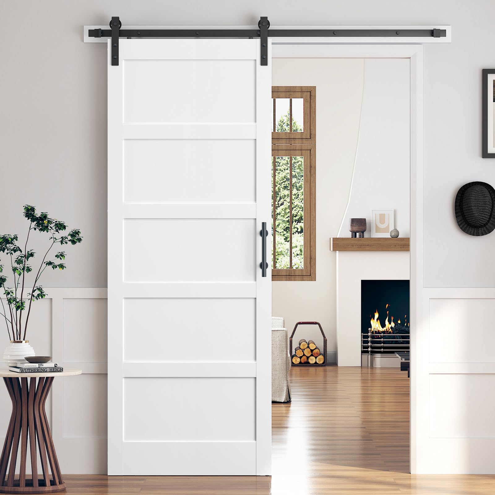 Photo 1 of ROYMELO 36x96 Inch White Sliding Barn Door Slab with 6.6ft Hardware Kit Included, 5-Panel, MDF Wood Panel Covered with Water-Proof Scratch-Proof PVC Surface, Simple DIY Assembly