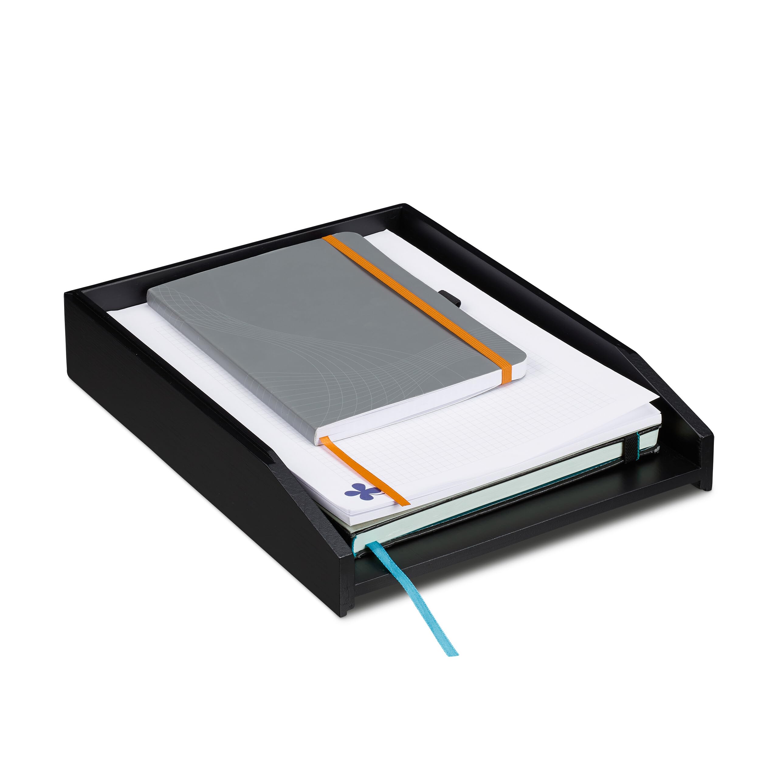 Relaxdays Stacking Letter Rack, DIN A4, Office Desk Organiser, Bamboo Stand, HWD: 6 x 25 x 33 cm, Black