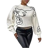 Milumia Women's Graphic Mock Neck Sweater Long Lantern Sleeve Drop Shoulder Casual Pullover Tops