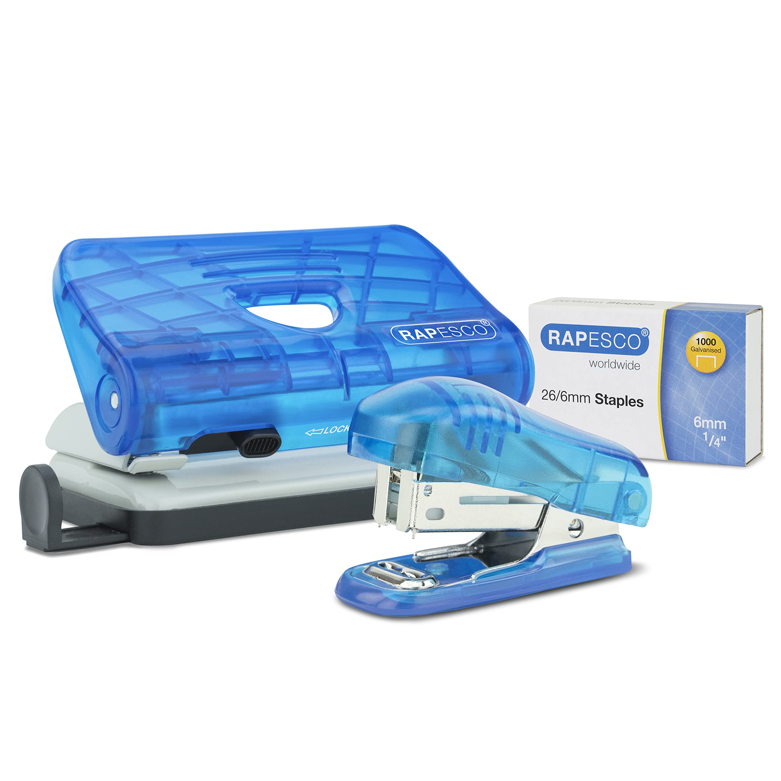Rapesco 1719 Bug Stapler and 810-P 2-Hole Punch Set with 1000 26/6mm Staples, Transparent Blue