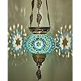 DEMMEX Turkish Moroccan Colorful Mosaic Bohemian Boho Hanging Candle Holder Lantern with Handmade Colorful Glass Globe and Metal Leaf Chains, 24" (Cutsie)