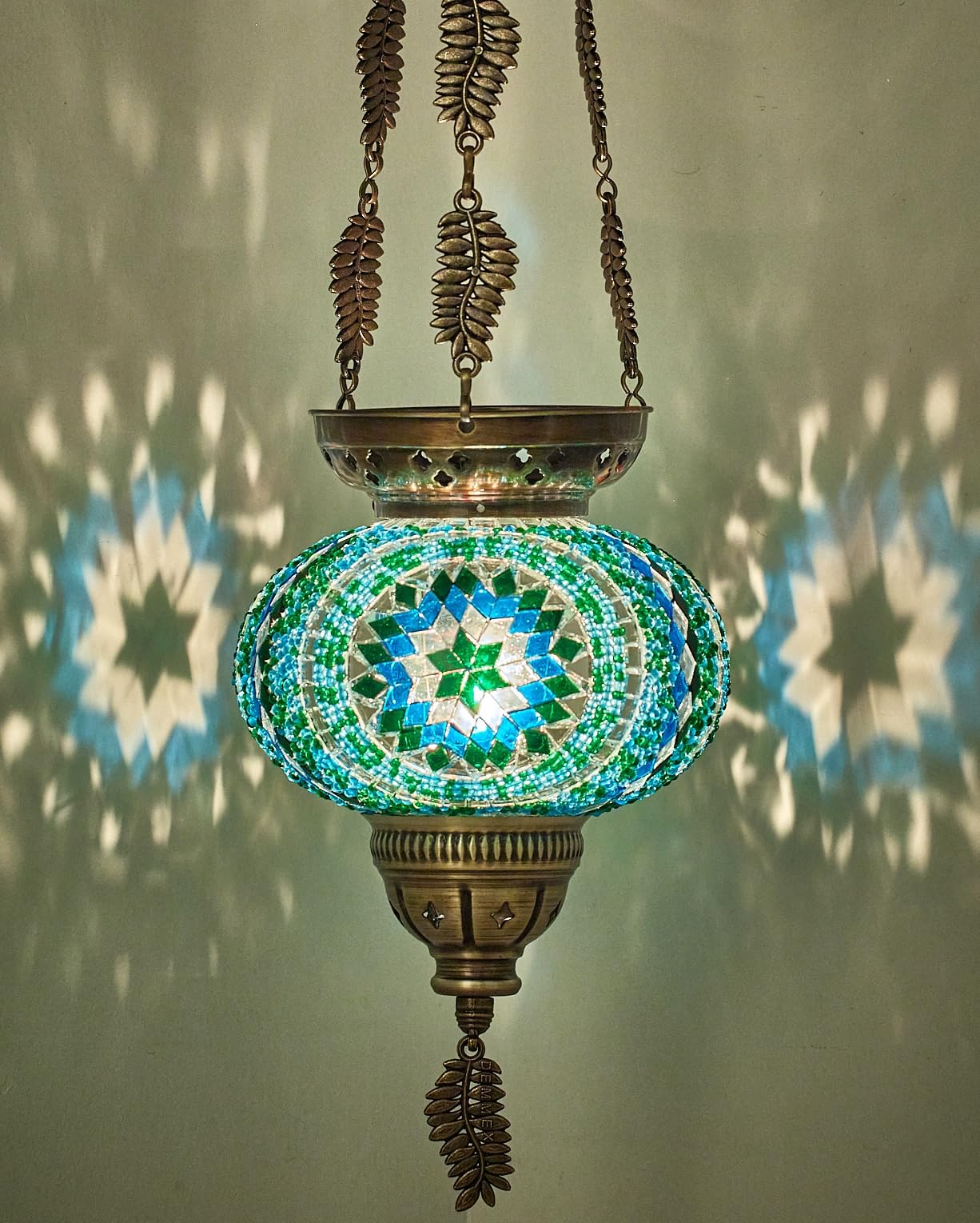 Photo 1 of DEMMEX Turkish Moroccan Colorful Mosaic Bohemian Boho Hanging Candle Holder Lantern with Handmade Colorful Glass Globe and Metal Leaf Chains, 24" (Cutsie)