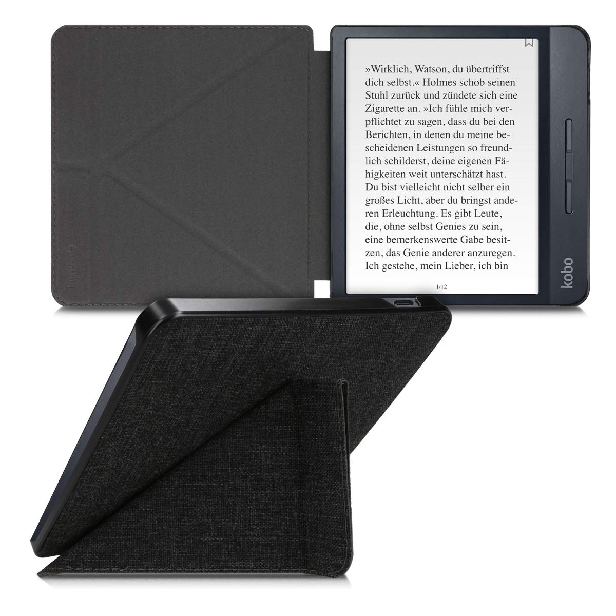 kwmobile Origami Case Compatible with Kobo Libra H2O - Slim Fabric Cover - Dark Grey