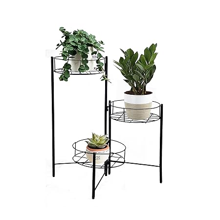 GIG Handicrafts Modern Iron 3 Tier Folding Plant Stand with Hinged Legs Corner Flower Holder, Pot Stand for Living Room Home Decor Balcony Outdoor Patio (25 cm x 25 cm x 62 cm, Black)