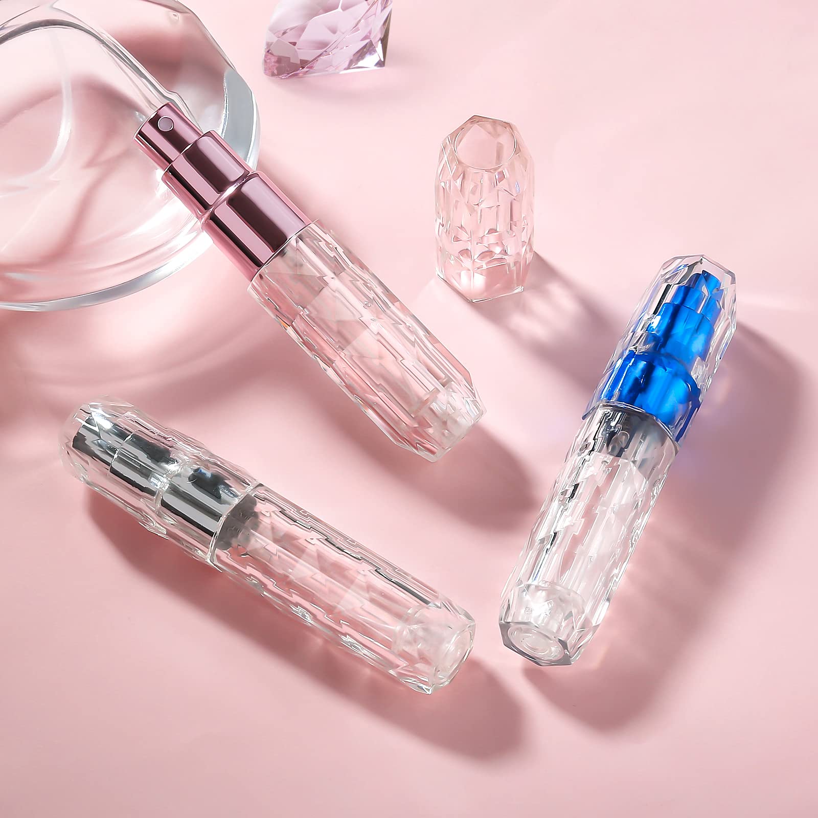 YOCASII Clear Travel Size Empty Spray Bottles Perfume Atomizer Diamond Design, 3pcs Mini Cologne Bottle Refillable, Perfume Travel Refillable Bottles for Women