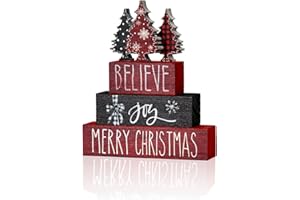 SM:)E Smile 4 Pcs Merry Christmas Signs, Wooden Tabletop Decor, Believe Joy Xmas Trees, Ornaments for Home Shelf Mantel Fireplace.