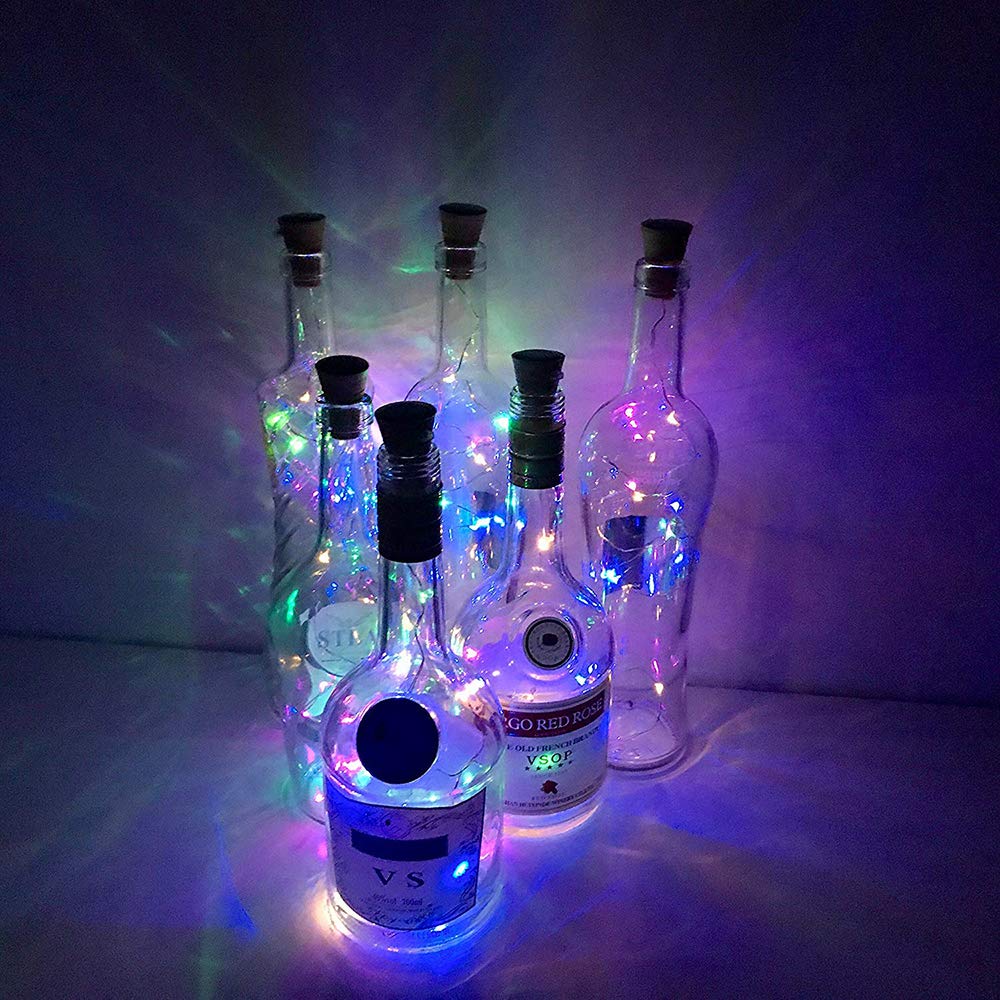MansWill Wine Bottle Lights with Cork, 6 Pack 20 LEDs Bottle String Light / 6.5ft (2M) Silver Copper Wire Battery Powered Home Decor Rope Lamp for DIY Birthday Wedding Party - Colorful