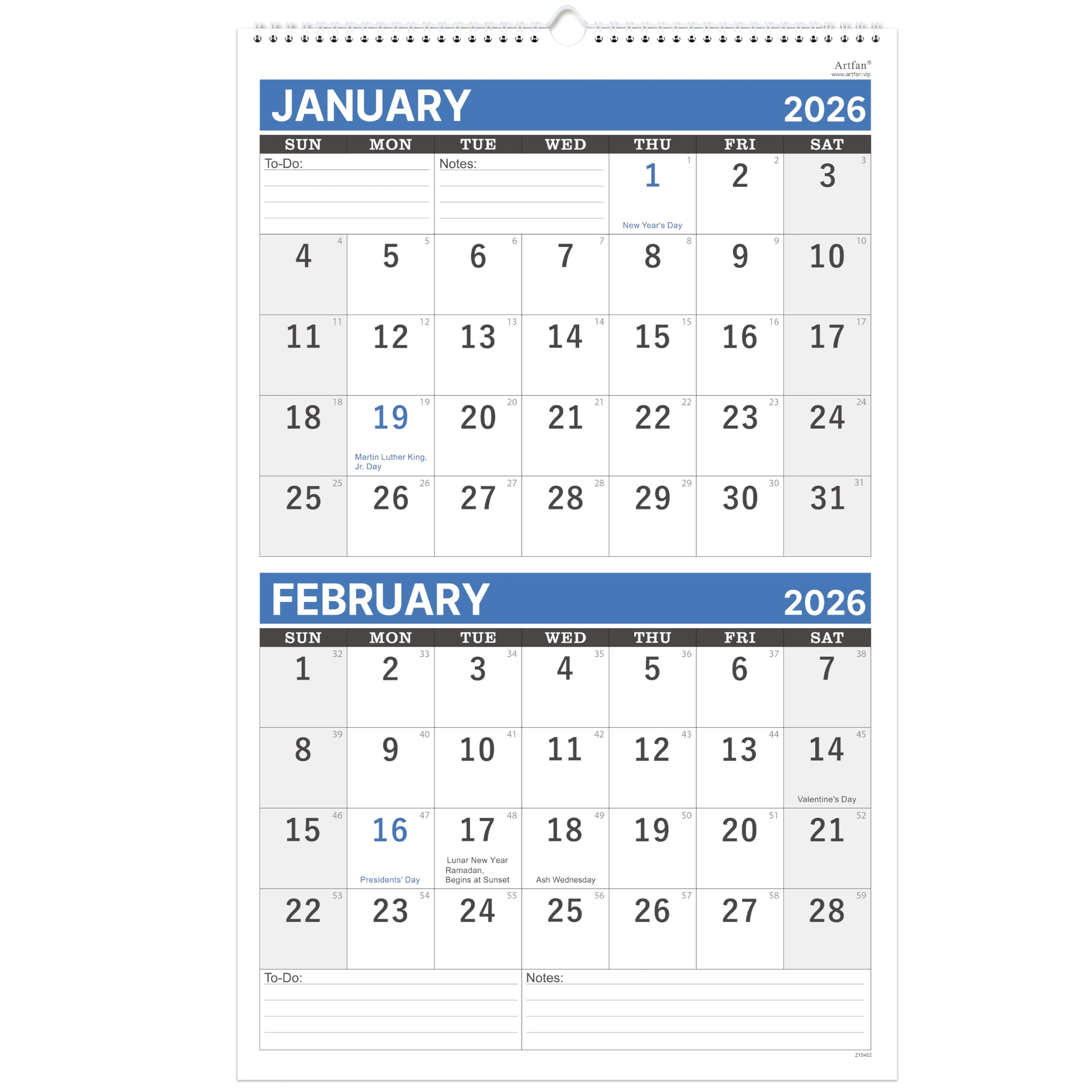 Photo 1 of 2026 Wall Calendar - 2 Month Wall Calendar 2026 Display (Folded in a Month), 17.6" x 11.3", Jan. 2026 - Dec. 2026, Calendar 2026 - Blue