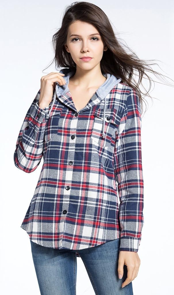 BomDeals Women's Classic Plaid Cotton Hoodie Button-up Flannel Shirts at  Women’s Clothing store
