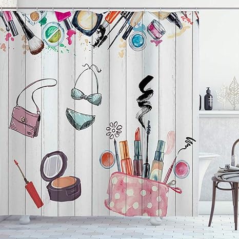 Amazon Kapanou 防水 シャワーカーテン 素朴な木製の壁紙に木の板の少女化粧品モダンシティレディー化粧品パッテン かわいいシャワーカーテン ユニットバス バスルーム 芸術の装飾 180cmx180cm バスフック付き 取り付け簡単 シャワーカーテン ホーム キッチン